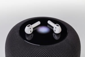 Apple, Apple HomePod, Apple AirPods 2, touch display lighting, Siri is active, wireless headphones, white background, Apple, Apple HomePod, Apple AirPods 2, touch display lighting, Siri is active, wireless headphones, white background,